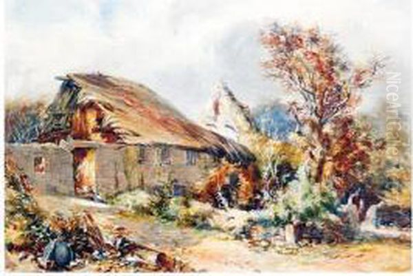 A Figure By A Thatched Cottage Oil Painting by Richard Pratchett Noble