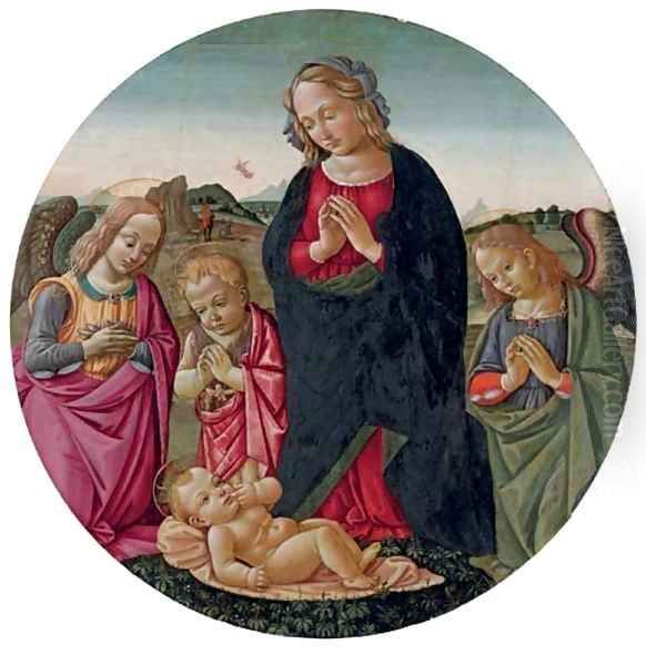 The Virgin with the Infant Saint John the Baptist and angels adoring the Christ Child Oil Painting by Bartolomeo Di Giovanni