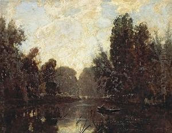 A River Landscape With A Figure In Arowboat Oil Painting by Robert Noble