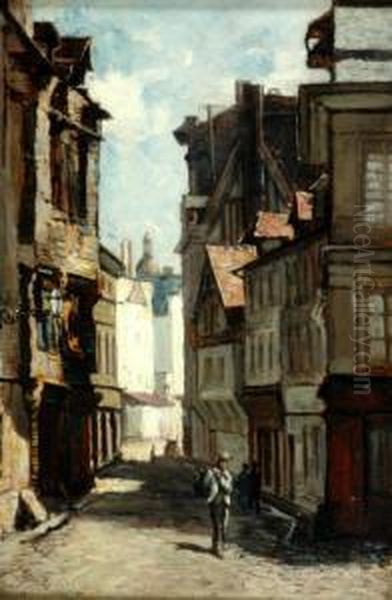 Figures In A Narrow Street Oil Painting by Robert Noble