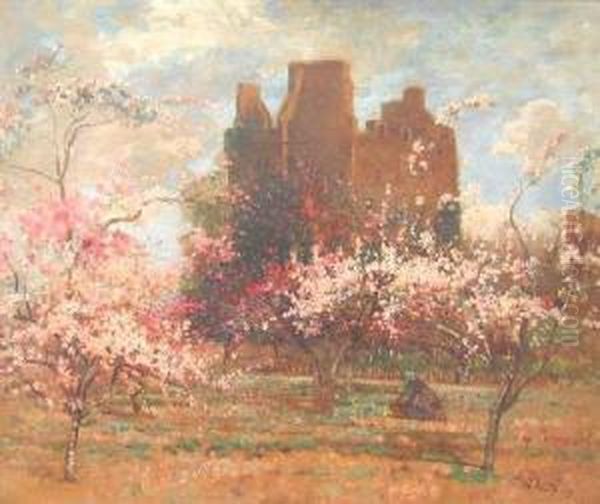 Cherry Blossoms In Front Of A Castle Oil Painting by Robert Noble