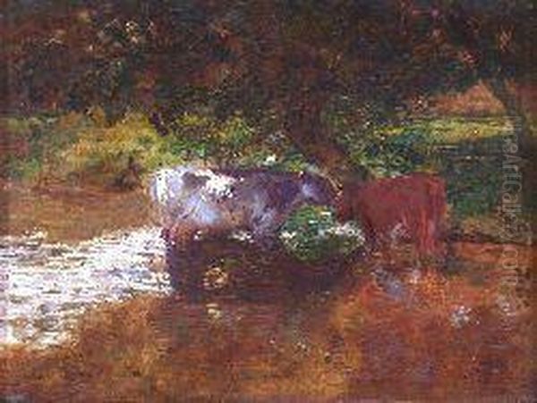 Cattle Watering In A Shady Stream Oil Painting by Robert Noble