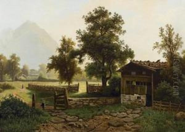 Sommerliche Voralpenlandschaft Mit Bauernhaus. Oil Painting by Wilhelm Theodor Nocken