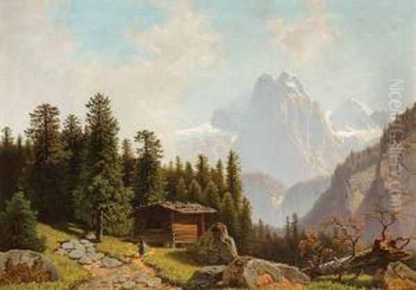 Pejzaz Alpejski Z Chlopka Na Drodze Oil Painting by Wilhelm Theodor Nocken