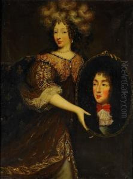 Formodligen Portrattet Av La Grande Demoiselle Med Ett Portratt Av Louis Xiv Oil Painting by Jean Nocret I