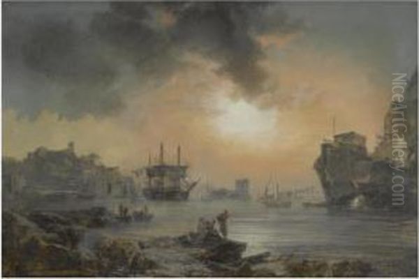 A Harbour Scene With Figures Cavorting In The Foreground And Shipsdocking Beyond Oil Painting by Alexandre-Jean Noel