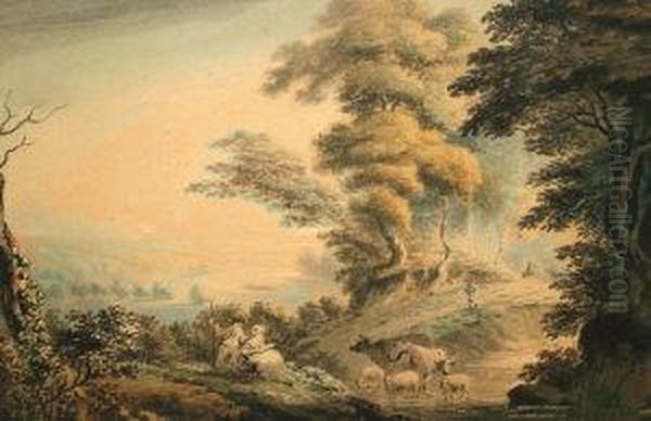 Figures In River Landscape With 
Cattle Watering; Watercolour,signed And Dated 1797, 20x30cm: Together 
With One Furtherwatercolour Depicting Pilgrims On A Rural Track By The 
Same Hand Oil Painting by Alexandre-Jean Noel