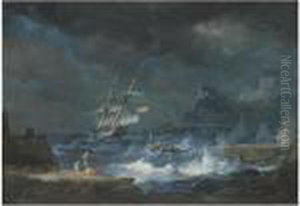 A Coastal Scene With Ships Weathering A Storm Oil Painting by Alexandre-Jean Noel