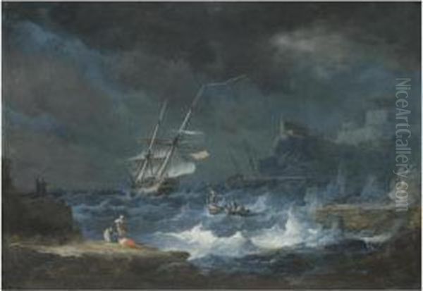 A Coastal Scene With Ships Weathering A Storm Oil Painting by Alexandre-Jean Noel