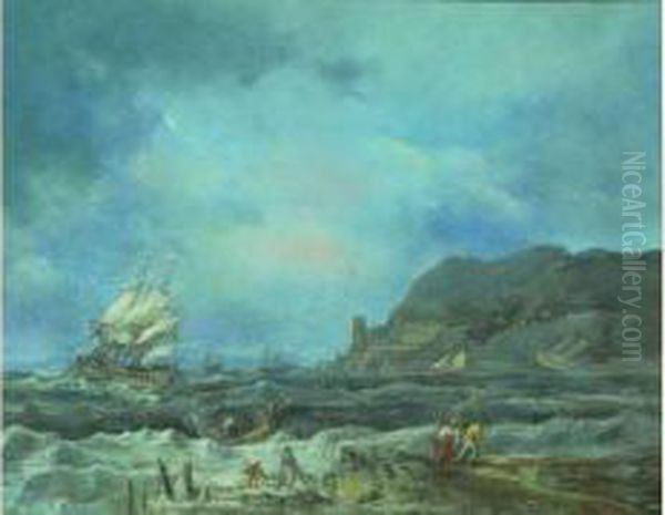 Navire Sur Mer Agitee Pres D'une Cote Rocheuse Oil Painting by Alexandre-Jean Noel