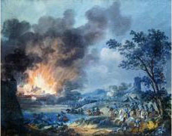 Scene De Cavalerie Avec L'incendie D'une Ville Assiegee Oil Painting by Alexandre-Jean Noel