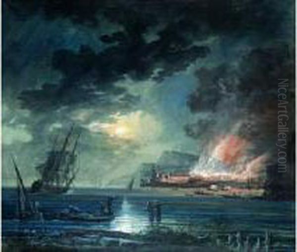 Scene D'incendie Dans Un Port Mediterraneen Oil Painting by Alexandre-Jean Noel