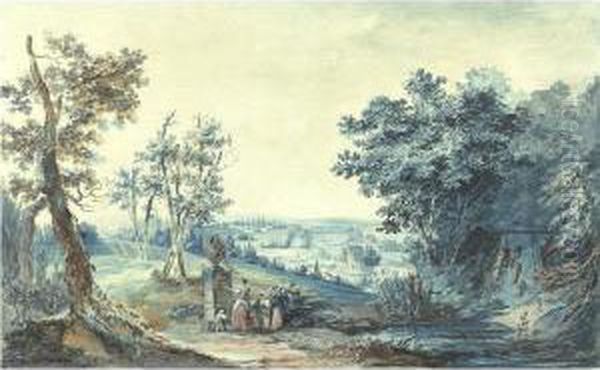 Extensive Landscape With Figures Admiring An Antique Vase Oil Painting by Alexandre-Jean Noel