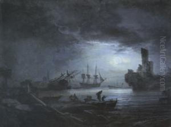 Sudlicher Seehafen Bei Vollmondbeleuchtung Oil Painting by Alexandre-Jean Noel