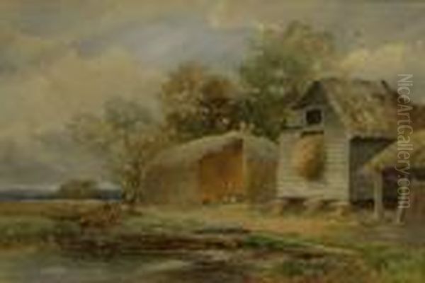 Poultry By Haystack And Barn Oil Painting by John Bates Noel