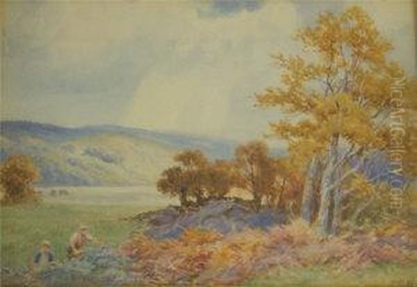 Landscapewith Blackberry Pickers, With Trees And Hills Beyond Oil Painting by John Bates Noel