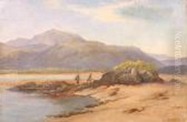 Figures On A Beach With Mountains Beyond Oil Painting by John Bates Noel