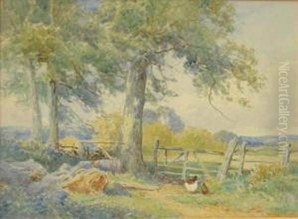 Poultry By A Gate In A Landscape Oil Painting by John Bates Noel