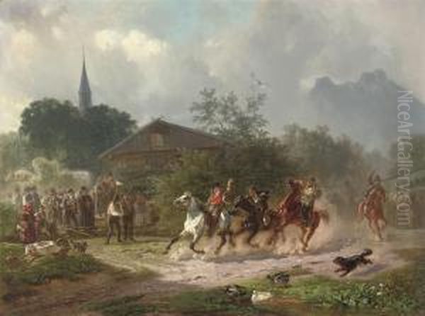 The Village Horserace Oil Painting by Julius Noerr