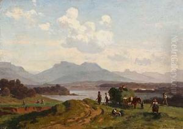 Heuernte Am Voralpensee Oil Painting by Julius Noerr