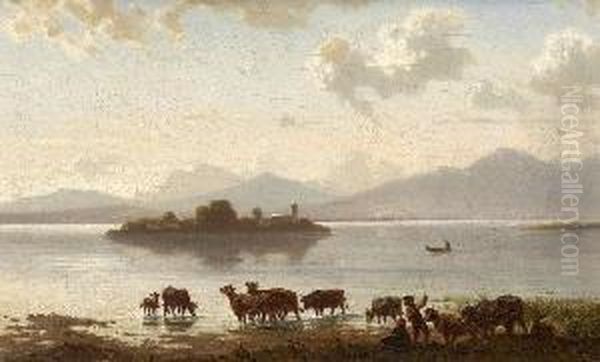 Hirten Mit Vieh Am Ufer Des
 Chiemsees. Oil Painting by Julius Noerr