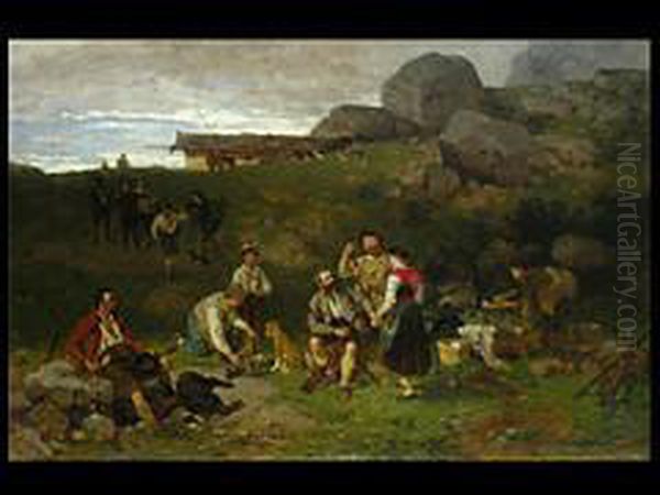 Die Jagdgesellschaft Bei Salzburg Oil Painting by Julius Noerr