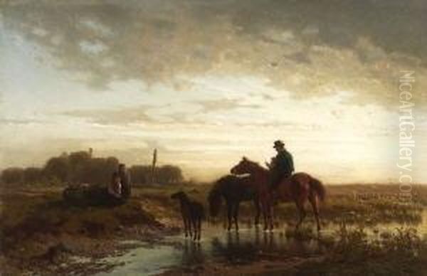 Reiter Mit Pferden In
 Moorlandschaft Oil Painting by Julius Noerr