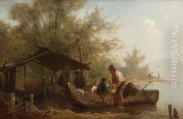 Fischerfamilie Am Ufer Der
 Fraueninsel. Oil Painting by Julius Noerr