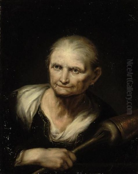 An Old Woman Spinning Cotton Oil Painting by Giuseppe Nogari