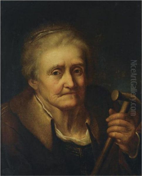 An Elderly Woman, Holding A Stick Oil Painting by Giuseppe Nogari