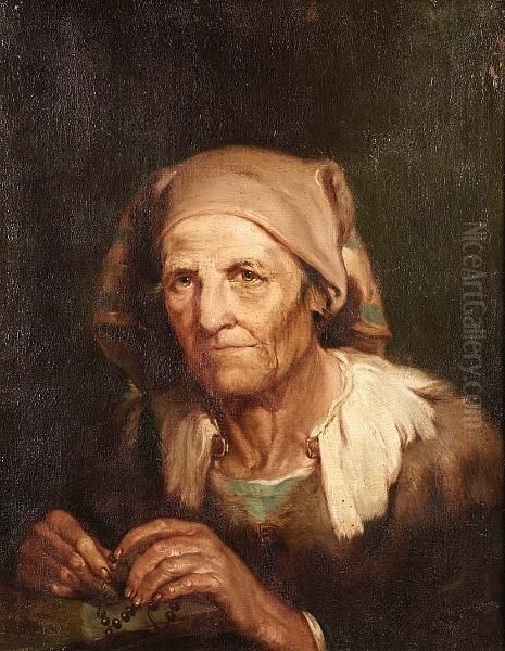 An Old Lady, Bust-length, In A Brown Dress With A Brown Headscarf, Holding A Rosary Oil Painting by Giuseppe Nogari