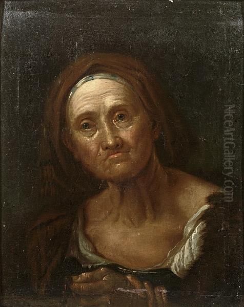 Portrait Of An Elderly Woman, Head And Shoulders, In A Brown Headscarf Oil Painting by Giuseppe Nogari