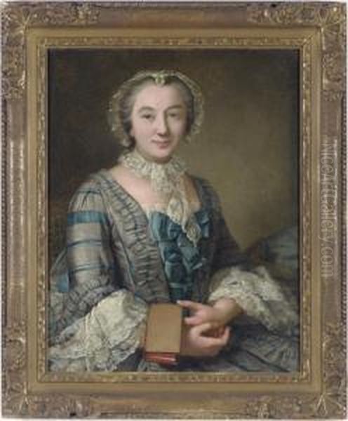 Portrait Of A Lady, Seated 
Three-quarter-length, In A Grey And Blue Dress And A Lace Bonnet, 
Holding A Book Oil Painting by Donatien Nonnotte