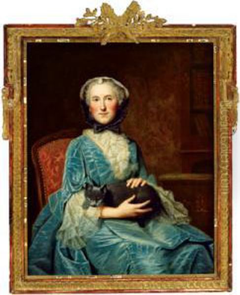 Ritratto Di Dama Con Abito Di Taffeta Blu E Un Gatto In Grembo Oil Painting by Donatien Nonnotte