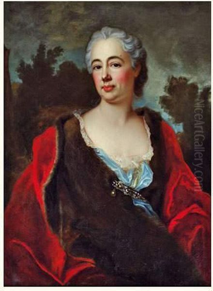 Portrait De Femme Au Manteau Rouge Oil Painting by Donatien Nonnotte