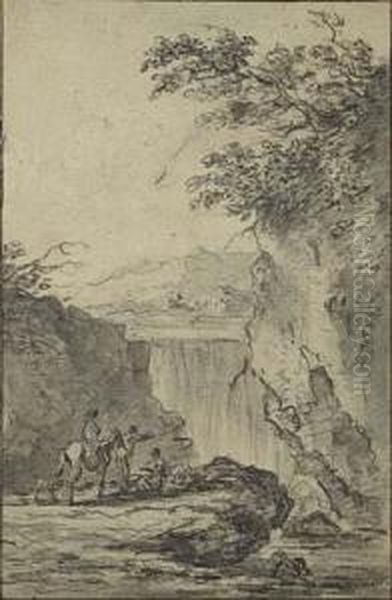 Travelers Resting Near A Waterfall Oil Painting by Jean-Pierre Norblin De La Gourdaine