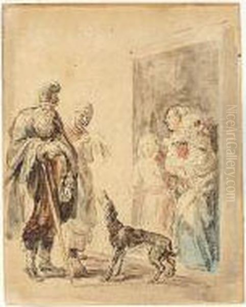 Visitors At The Door Oil Painting by Jean-Pierre Norblin De La Gourdaine