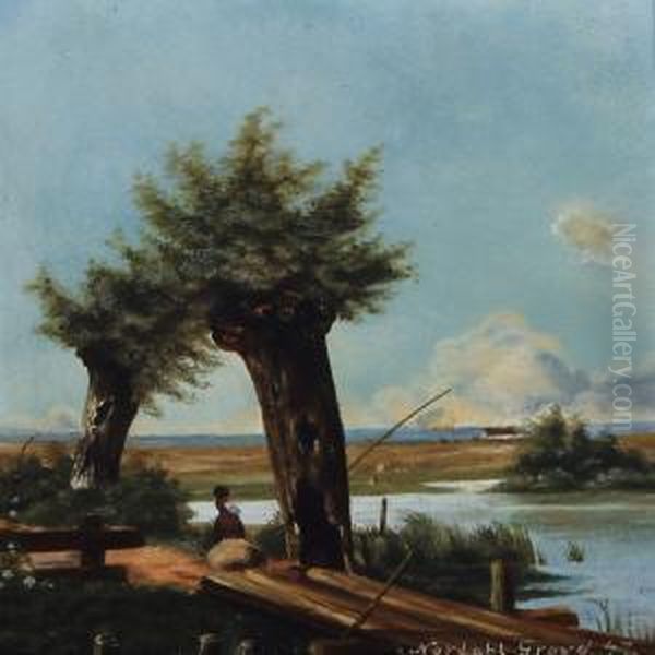 Scenery With A Small Fishing Lake Oil Painting by Nordahl Peter Frederik Grove