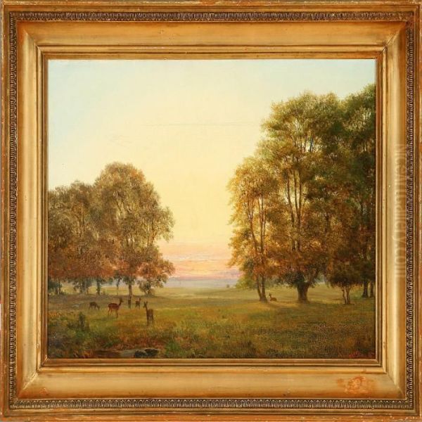 Summer Evening In Thedeer Garden, Denmark Oil Painting by Nordahl Peter Frederik Grove