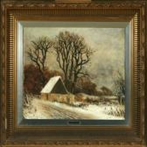 Wintrylandscape With A House And Bare Trees Oil Painting by Nordahl Peter Frederik Grove