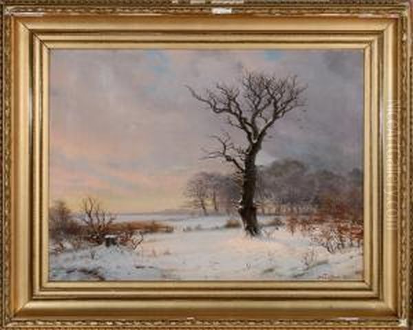 Winter Scene With An Old Crooked Tree In The Foreground Oil Painting by Nordahl Peter Frederik Grove