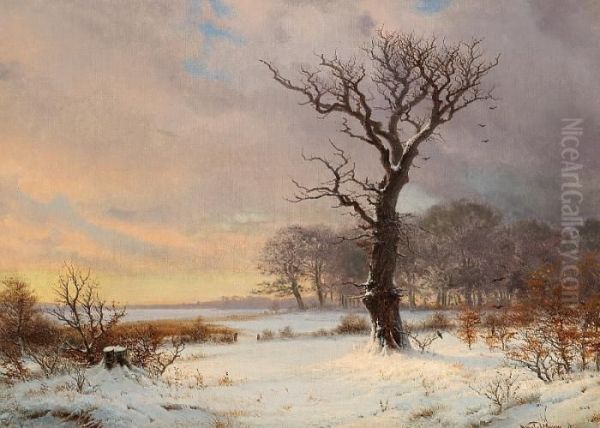 Winter's Scene With An Old, Crooked Tree In The Foreground Oil Painting by Nordahl Peter Frederik Grove