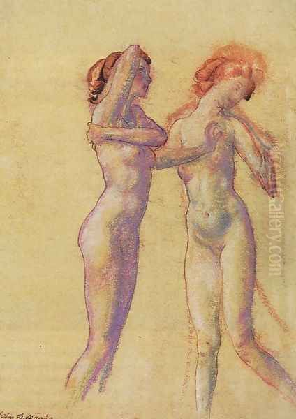 Two Standing Female Nudes Oil Painting by Arthur Bowen Davies