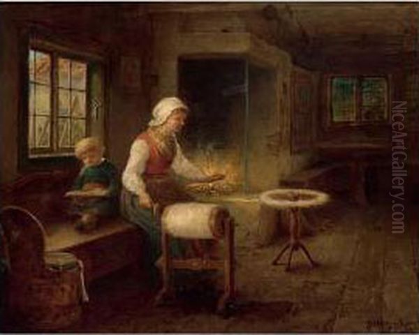 A Woman Near A Spinningwheel Oil Painting by Bengt Nordenberg