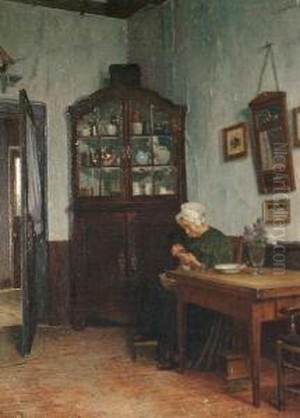 Lady Sewing In An Interior Oil Painting by Henrik Nordenberg