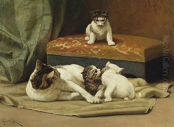 A Cat with her Kittens Oil Painting by John Henry Dolph