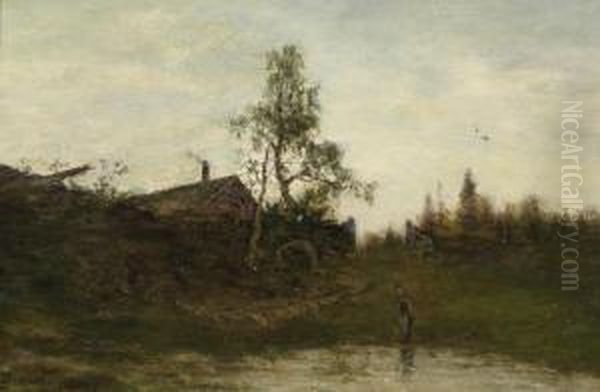 Landscape With Farmers' Cottage By A Pond Oil Painting by Axel Wilhelm Nordgren