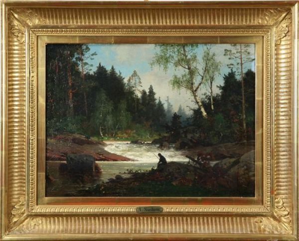 Forslandskap Med Fiskare, Signerad A. Nordgren Oil Painting by Axel Wilhelm Nordgren