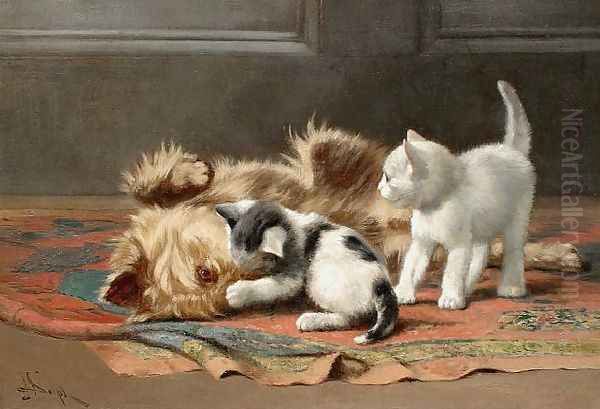 Playful Terrier and Kittens, circa 1880 Oil Painting by John Henry Dolph