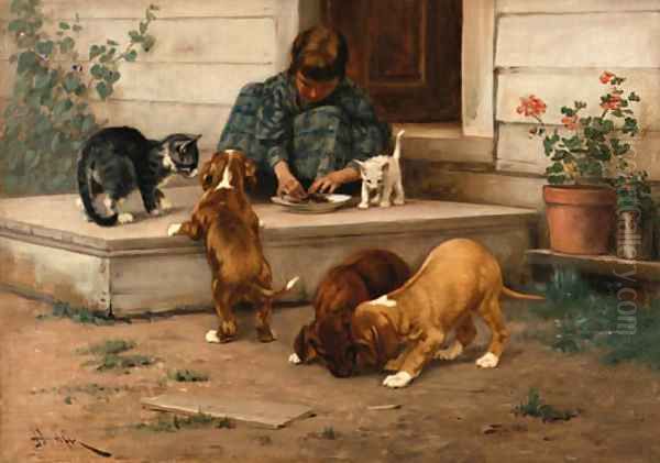 Feeding the Puppies and Kittens Oil Painting by John Henry Dolph